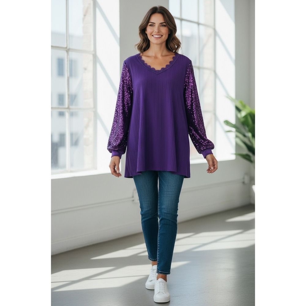 Purple Sequin Sleeve V Neck Ribbed Tunic Top Women's M
